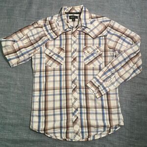 ELY 1878 Mens Medium Plaid Western Shirt Long Sleeve Button Up Cowboy Brown Blue